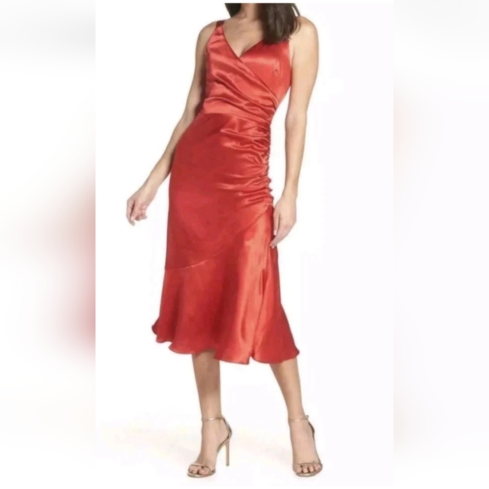 Chelsea29 Sexy Flirty Party Cocktail Dress Red Sateen Side Ruched Large Nwt